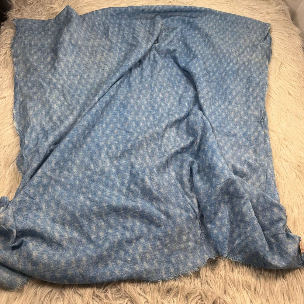 Beck Sondergaard Blue Printed Scarf Wrap Raw Hem Wool Silk Blend Artsy Euro